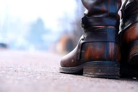 Leather boots in the fogのeditorial素材