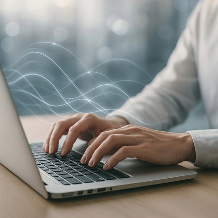 Close up of businesswoman hands typing on laptop keyboard in office.