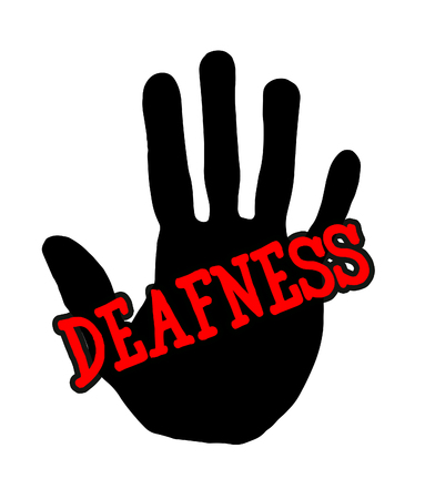 Man handprint isolated on white background showing stop deafnessの写真素材