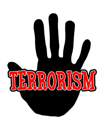 Man handprint isolated on white background showing stop terrorismの写真素材
