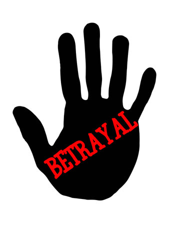 Man handprint isolated on white background showing stop betrayalの写真素材