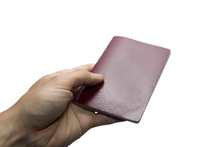 A man hand holding blank red book isolated on the white backgroundの写真素材