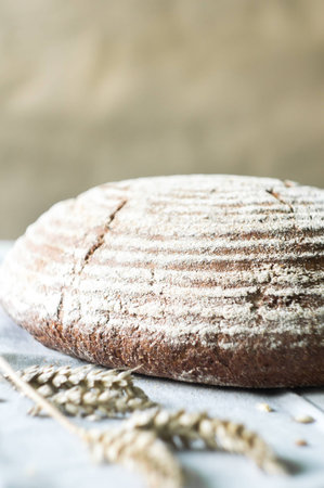 Fresh and crusty sourdough bread and ears of wheatの写真素材