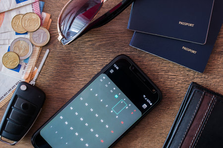 Travel concept. Calendar, smartphone, money, car key, passports, sunglasses and wallet on wooden...