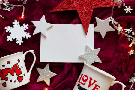 Christmas empty greeting card, template with Christmas decorationsの写真素材