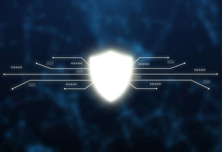 White shield glowing and circuit, motherboard lines on blue background. Hi-tech network, data...