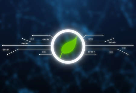 Green leaf glowing and circuit board lines on Hi tech blue background. Green technology concept