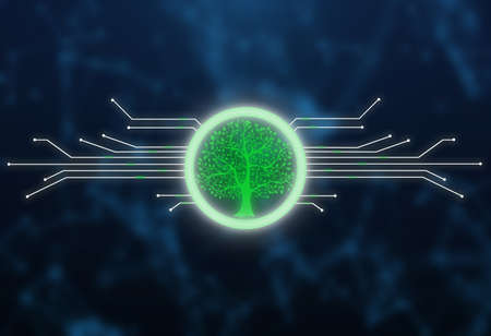 Glowing green tree in the circle with circuit board lines and dots. Green technology conceptの写真素材
