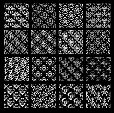 Set of ethnic damask vector patterns in black and white colors. All patterns added as swatches. Collection of classic asian wallpapers  with floral and swirl elements.のイラスト素材
