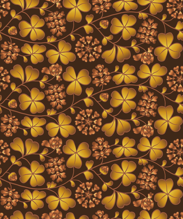 Autumn seamless natural pattern with flowers and leaves. Brown background with cloverのイラスト素材