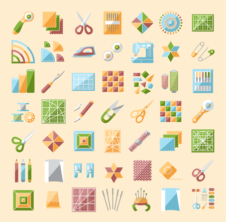 Patchwork  line icons set. Quilting supplies and accessories. Quilt fabric kit, patch, needle, thread, scissors, cloth, sewing machine, pin, template, ruler, rotary cutter. Vector illustration.のイラスト素材