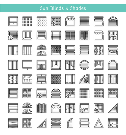 Blinds & Shades. Sun protection. Room darkening & light blocking  jalousies. Interior shutters & panel curtains. Home decor elements. Window coverings. Line icon collection.のイラスト素材