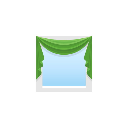 Green fabric curtain with drapery. Pelmet with central symmetric swag. Vector illustration. Flat icon of blind. Element of home & office window decoration. Front view.のイラスト素材