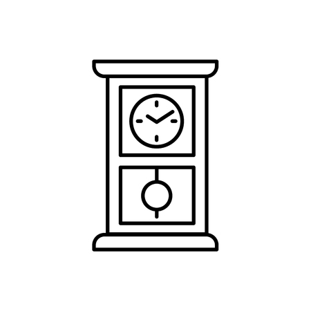 Vector illustration of vintage large desk clock with pendulum. Line icon of old tabletop wooden clock. Isolated object on white background. Front view.のイラスト素材