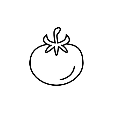 Black & white vector illustration of tomato vegetable. Line icon of fresh organic tomato veggie with leaves. Vegan & vegetarian food. Health eating ingredient. Isolated object on white background.のイラスト素材
