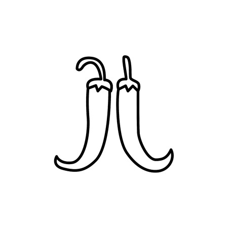 Black & white vector illustration of 2 hot chili peppers. Line icon of fresh cayenne chilli peppers. Flavouring spice. Vegan & vegetarian food. Isolated object on white background.のイラスト素材