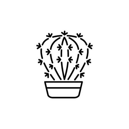Black & white vector illustration of cactus in pot. Decorative home plant in containers. Line icon of indoor desert plant. Isolated object on white background.のイラスト素材