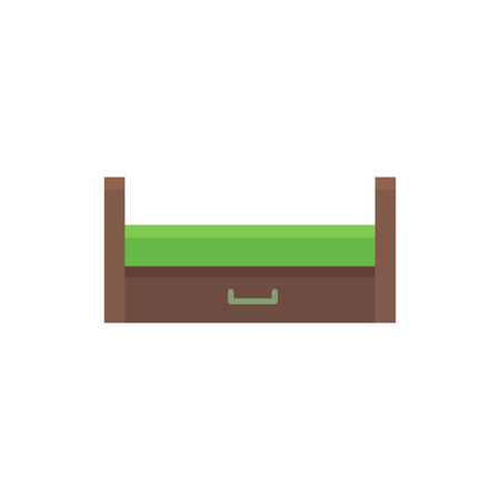 Wooden pull-out sleeper. Vector illustration. Flat icon of green settee. Modern sofa with bed. Element of modern home & office furniture. Front view.のイラスト素材