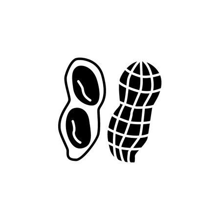 Black & white vector illustration of peanut with nutshell. Flat icon of whole & cracked groundnuts. Vegan & vegetarian food. Health eating ingredient. Isolated object on white background.のイラスト素材