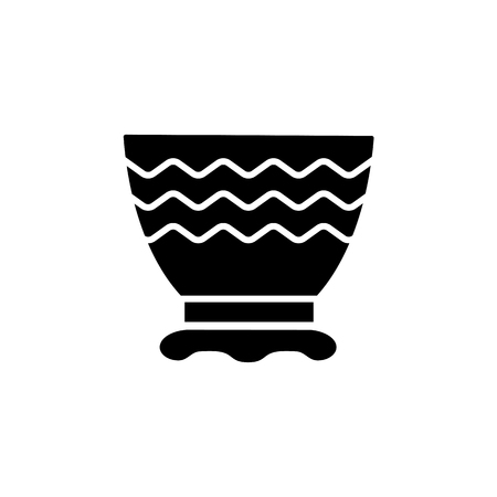 Black & white vector illustration of fruit bowl with geometric ornament. Flat icon of decorative ceramic dish for home. Isolated object on white background.のイラスト素材