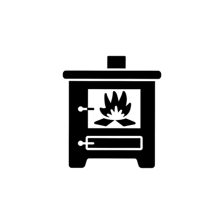 Black & white vector illustration of wood stove. Flat icon of modern furnace. Heating appliance for home. Isolated object on white backgroundのイラスト素材