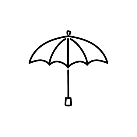 Black & white vector illustration of open umbrella with handle. Line icon of fashion accessory for men or women to protect from rain or bright sunlight. Isolated object on white background.のイラスト素材