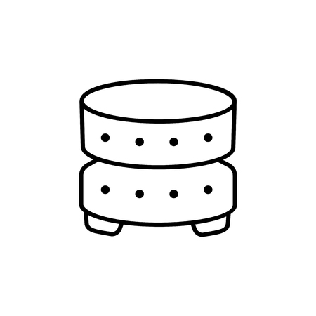 Black & white vector illustration of round leather ottoman, pouf. Line icon of accent coffee table. Modern upholstered seat. Living room, bedroom & patio furniture. Isolated object on white background.のイラスト素材