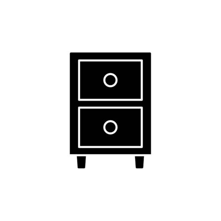 Black & white vector illustration of nightstand with 2 drawers. Flat icon of night or bedside table. Bedroom furniture. Isolated object on white backgroundのイラスト素材