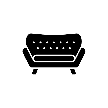 Black & white vector illustration of modern sofa. Flat icon of settee. Classic home & office furniture. Isolated object on white backgroundのイラスト素材