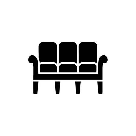Black & white vector illustration of 3 seaters sofa. Flat icon of settee. Modern home & office furniture. Isolated object on white backgroundのイラスト素材