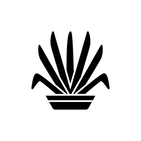 Black & white vector illustration of ornamental herb in pot. Decorative home plant in container. Flat icon of indoor green foliage plant. Isolated object on white backgroundのイラスト素材