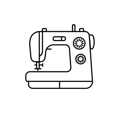 Black & white illustration of sewing machine. Vector line icon. Isolated object on white backgroundのイラスト素材