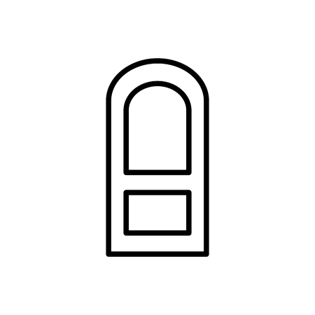 Black & white illustration of closed wooden panel arch door. Vector line icon. Isolated object on white backgroundのイラスト素材