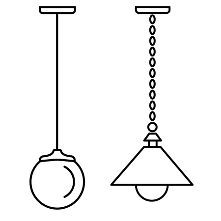 Black & white vector illustration of hanging pendant lamp. Line icon of outdoor & indoor light fixture. Isolated object on white backgroundのイラスト素材