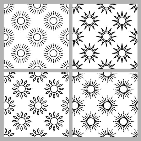 Sun pattern collection. Seamless paper set with line sunshine symbols. Black & white vector...