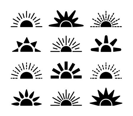 Sunrise & sunset symbol collection. Horison flat vector icons. Morning sunlight signs. Isolated object on white background