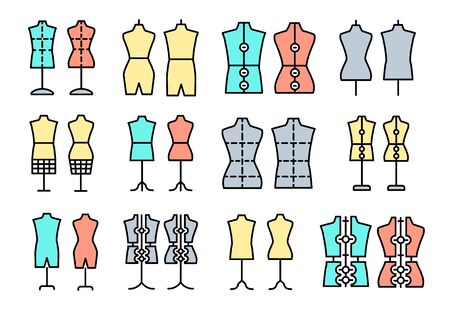 Male and female dressmaking mannequin. Signs of tailor dummy. Display bust, torso. Adjustable dress form. Line flat colorful icon set. Vector illustrationのイラスト素材