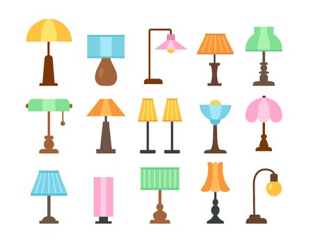 Table lamps. Flat icon set. Light fixtures. Home & office lighting. Interior design elements. Vector illustration. Isolated objects on white backgroundのイラスト素材