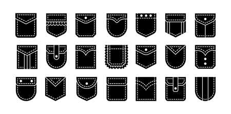Patch pockets with flap and button closure. Different shapes flat and cargo pockets for shirt, jean & bag. Icon set. Vector illustration. Isolated objects on white backgroundのイラスト素材