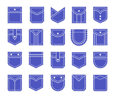 Flat pockets with flap and button closure. Different shapes of shirt and jean patch pockets. Casual garment. Icon set. Vector illustration. Isolated objects on white backgroundのイラスト素材