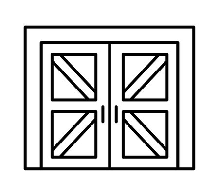 Side hinged vintage garage door in rustic country style. Black & white vector illustration. Line icon of closed warehouse or barn gate. Symbol for exterior design. Isolated object on white backgroundのイラスト素材