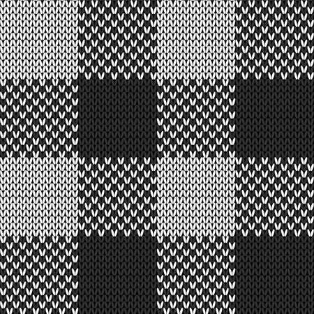 Black and white knit gingham seamless pattern. Vector illustration of knitted plaid texture from large squares. Abstract geometric handmade background for blankets, sweaters, clothes.のイラスト素材