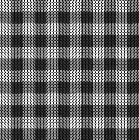 Black and white knit gingham seamless pattern. Vector illustration of knitted plaid texture from small squares. Abstract geometric handmade background for blankets, sweaters, clothes.のイラスト素材