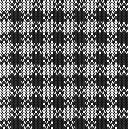 Black and white knit gingham seamless pattern. Vector illustration of knitted plaid texture from small squares. Abstract geometric handmade background for blankets, sweaters, clothes.のイラスト素材