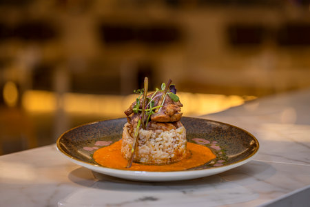 Risotto with meat and rice on a plate in a restaurant
