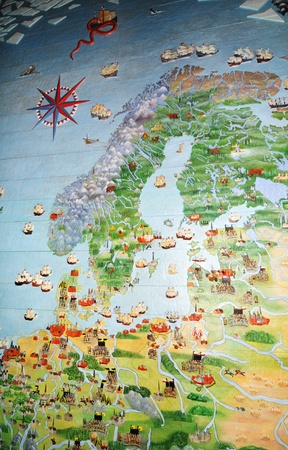 Stockholm, Sweden - 12 Dec, 2011: Medieval map of Scandinavia on display at Vasa Museum in Stockholmのeditorial素材