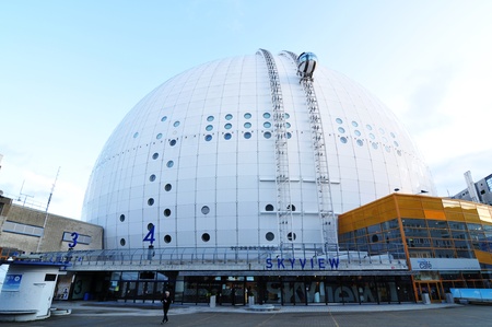 Stockholm, Sweden - 15 Dec, 2011: Architectural detail of the Ericsson Globe, the national indoor arena of Sweden, located in the Johanneshov district of Stockholm (Stockholm Globe City). The Ericsson Globe is currently the largest hemispherical building のeditorial素材