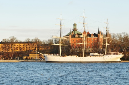 Stockholm, Sweden - 15 Dec, 2011: Architectural panorama of Blasieholmen peninsula in central Stockholm at sunsetのeditorial素材