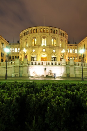 Oslo, Norway - 16 Dec, 2011: Norwegian Parliament building in Oslo by nightのeditorial素材