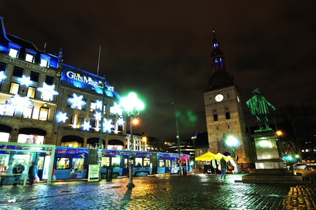 Oslo, Norway - 16 Dec, 2011: Night view of historical buildings in central Oslo at Christmasのeditorial素材